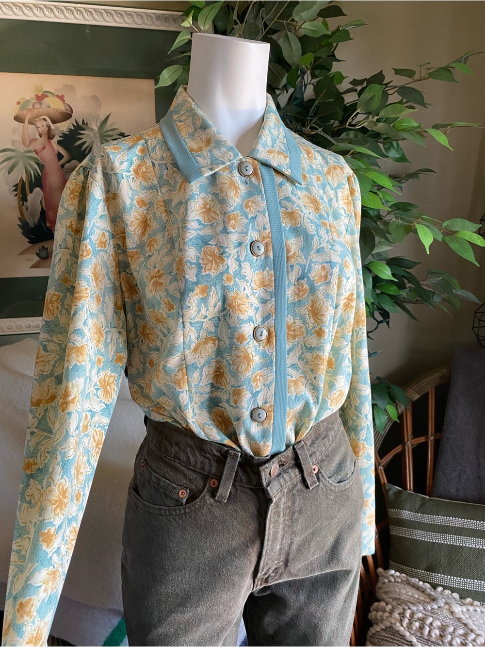 Vintage Made in Canada Floral Button-Up Blouse Light Blue and Yellow